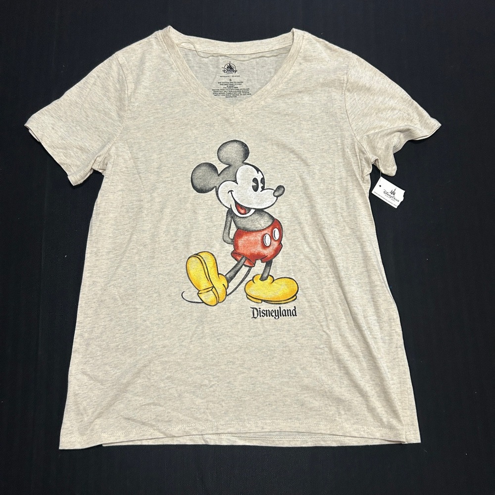 Disney Parks Mickey Mouse Disneyland V-Neck T-Shirt Heather Oatmeal Small NWT